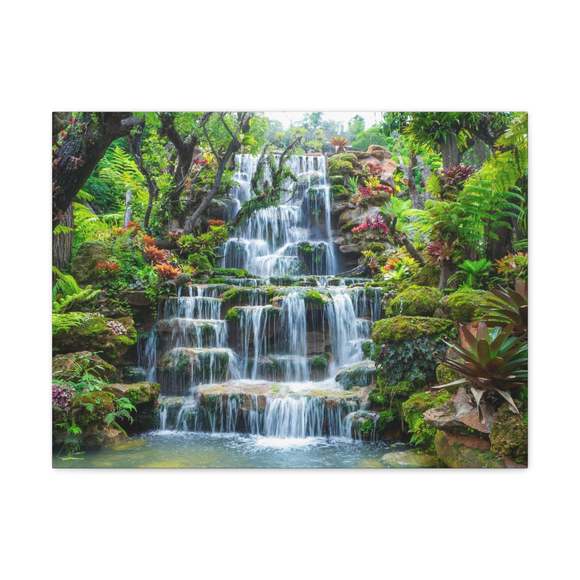 Waterfall w Maple Trees Kyoto Garden Canvas Wall Art for Home Decor Ready-to-Han